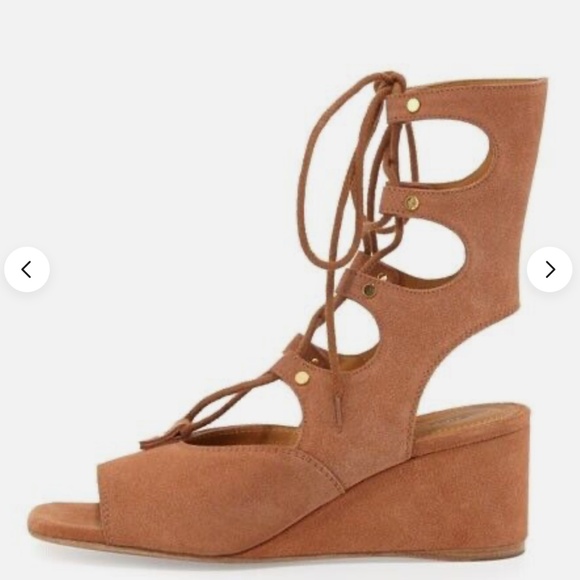 Womens CHLOE Brown Camel Suede Lace Up Gladiator Wedge Heels Sandals Size 7 37 - Picture 3 of 7